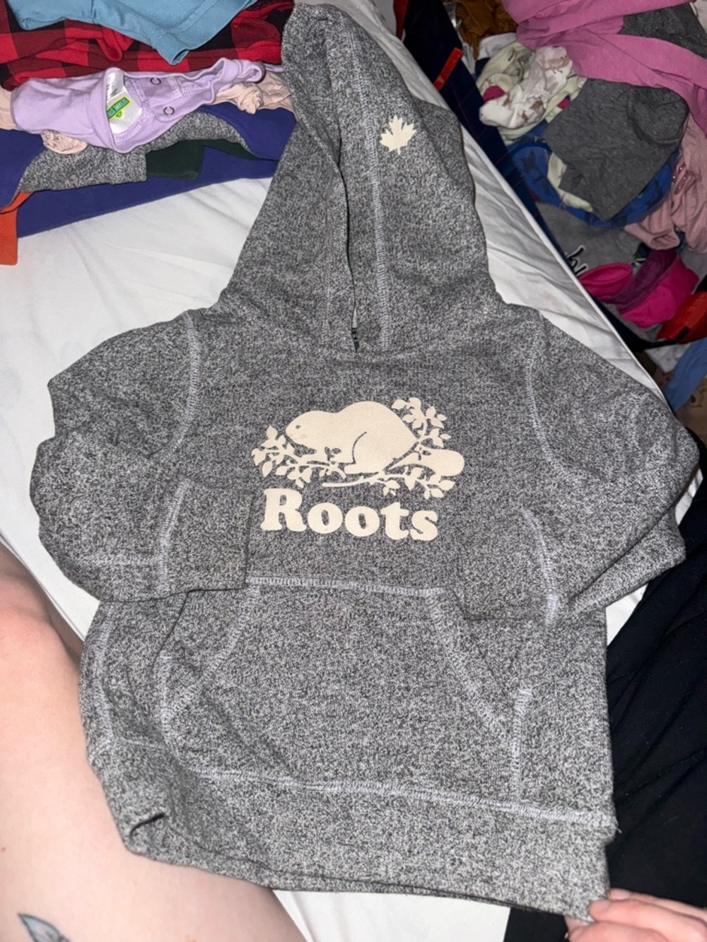 Roots Gray Heather Hoodie with Beige Logo Graphic